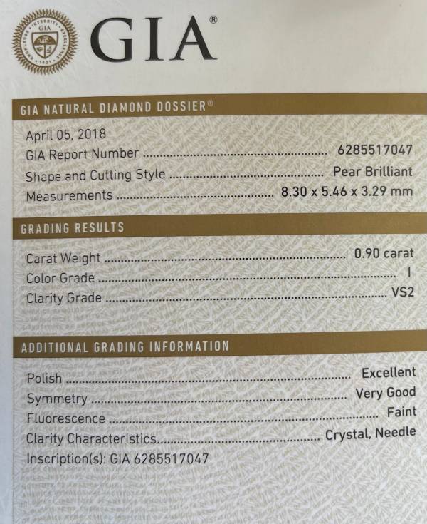 .9 carat Pear Diamond GIA Certificate