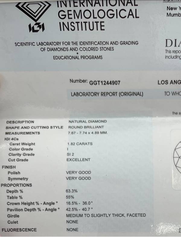 1.82 Carat IGI Diamond Certification