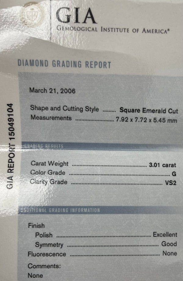 3.01 carat asscher cut diamond GIA Certificate