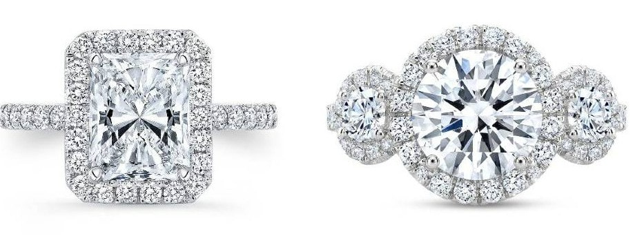 a halo engagement ring and a custom engagement ring