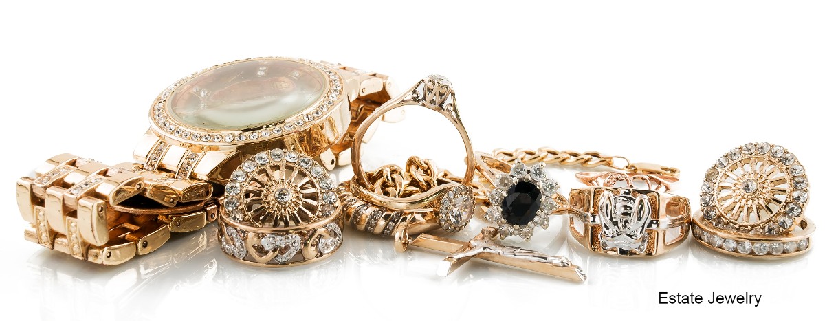 estate jewelry: rings, diamonds, watch, gold necklaces