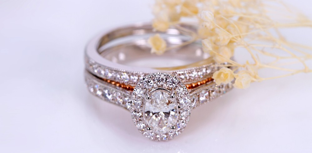 Halo Engagement Ring with matching wedding band
