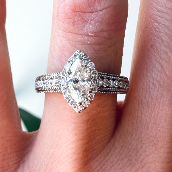 14k Marquise Diamond Halo Engagement Ring