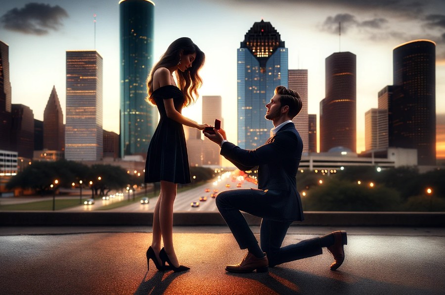 guy proposing with a lab diamond engagement ring in downtown Houston