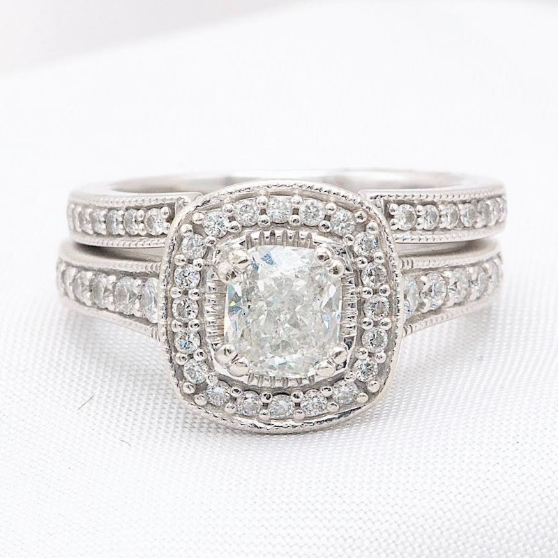 1.10 CTW Cushion Cut Engagement Ring and Band