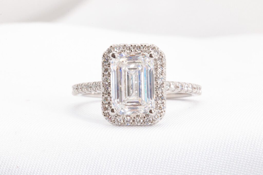 2.9 carat lab emerald cut diamond halo ring