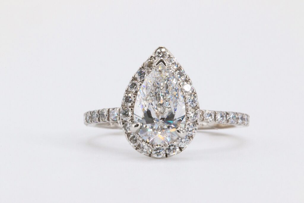 14k 1.52 Carat Total GIA Certified Pear Shape Halo Engagement Ring