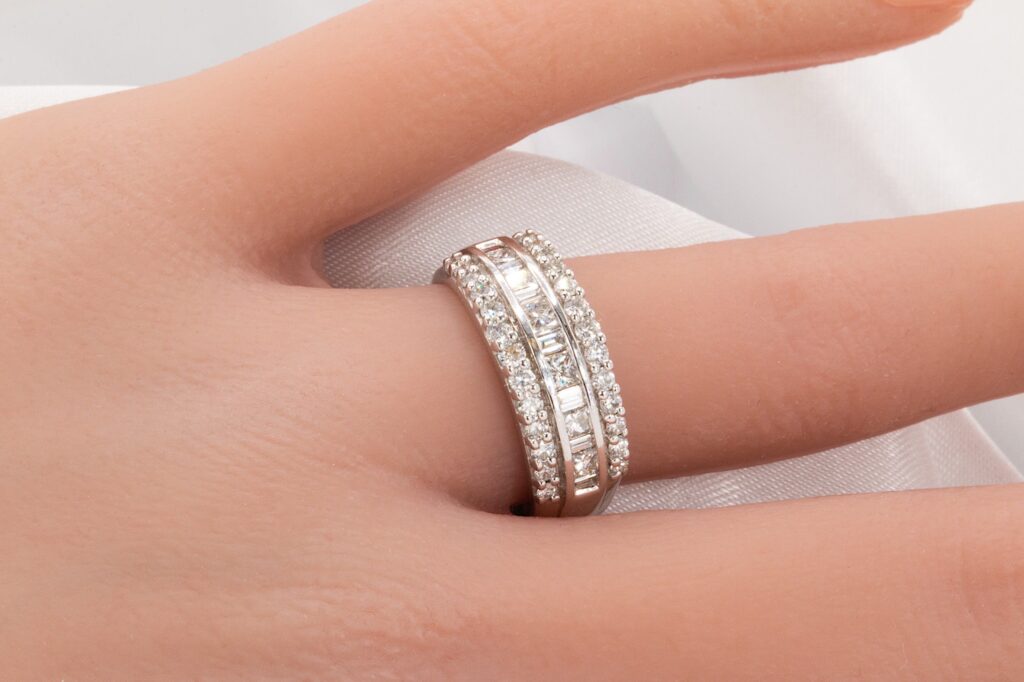 14k 1.25 CTW Wide 3 Row Diamond Wedding Band