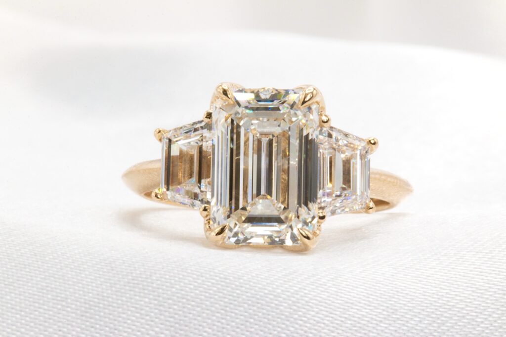 14k Yellow Gold 4.03 CTW Lab Emerald Cut 3 Stone Ring