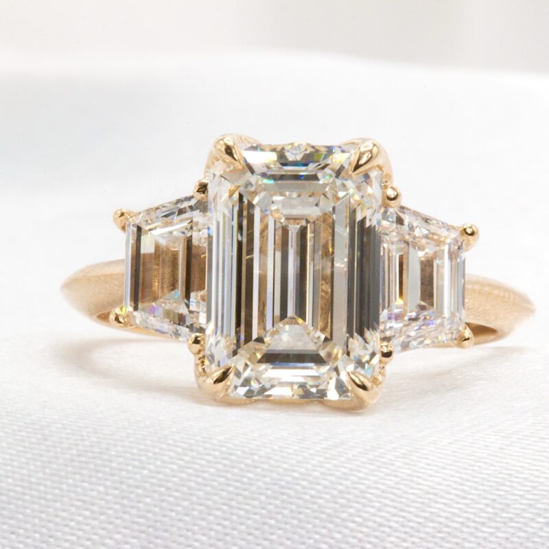 14k Yellow Gold 4.03 CTW Lab Emerald Cut 3 Stone Ring