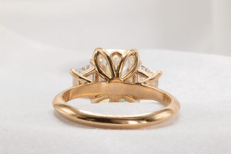 3 stone emerald cut lab diamond ring back view