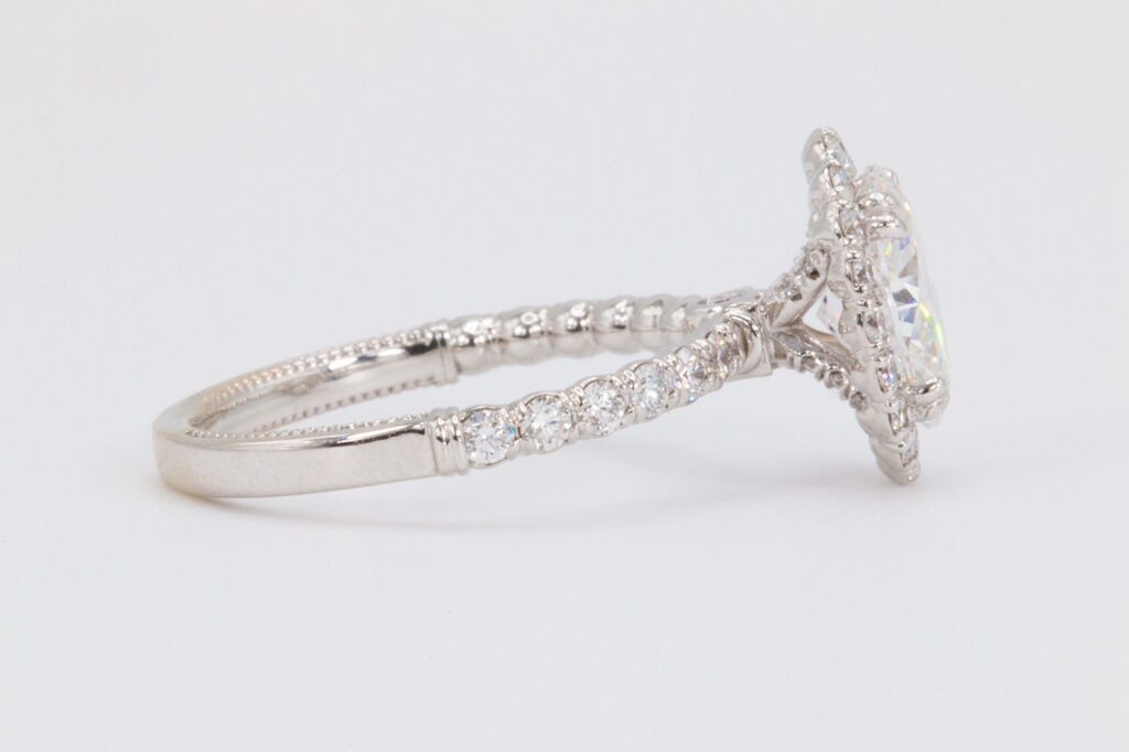 verragio oval halo natural diamond engagement ring side view