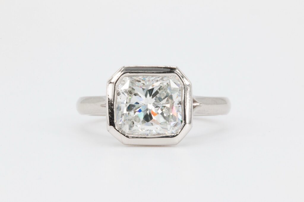 Platinum 3 Carat Natural Radiant Cut Diamond Bezel Ring
