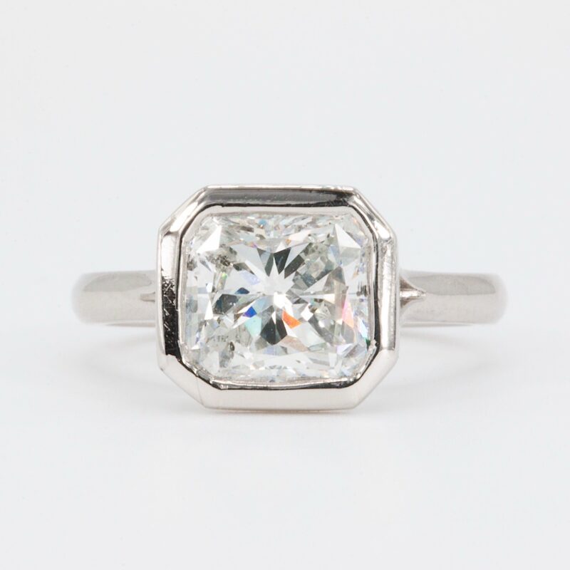 Platinum 3 Carat Natural Radiant Cut Diamond Bezel Ring