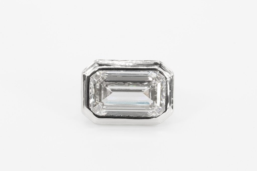 Platinum 11.05 CTW Lab Emerald Cut Diamond Bezel Ring