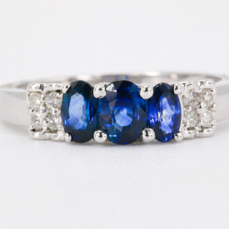 18k White Gold Sapphire And Diamonds 3 Stone Ring