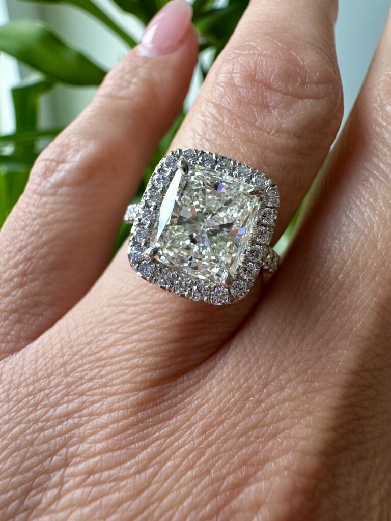 platinum 3.71 ctw cushuon cut diamond halo engagement ring