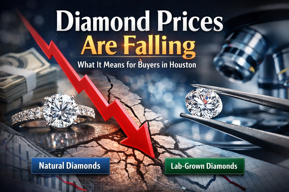 Diamond prices falling in Houston showing natural vs lab-grown diamonds comparison and market trend decline