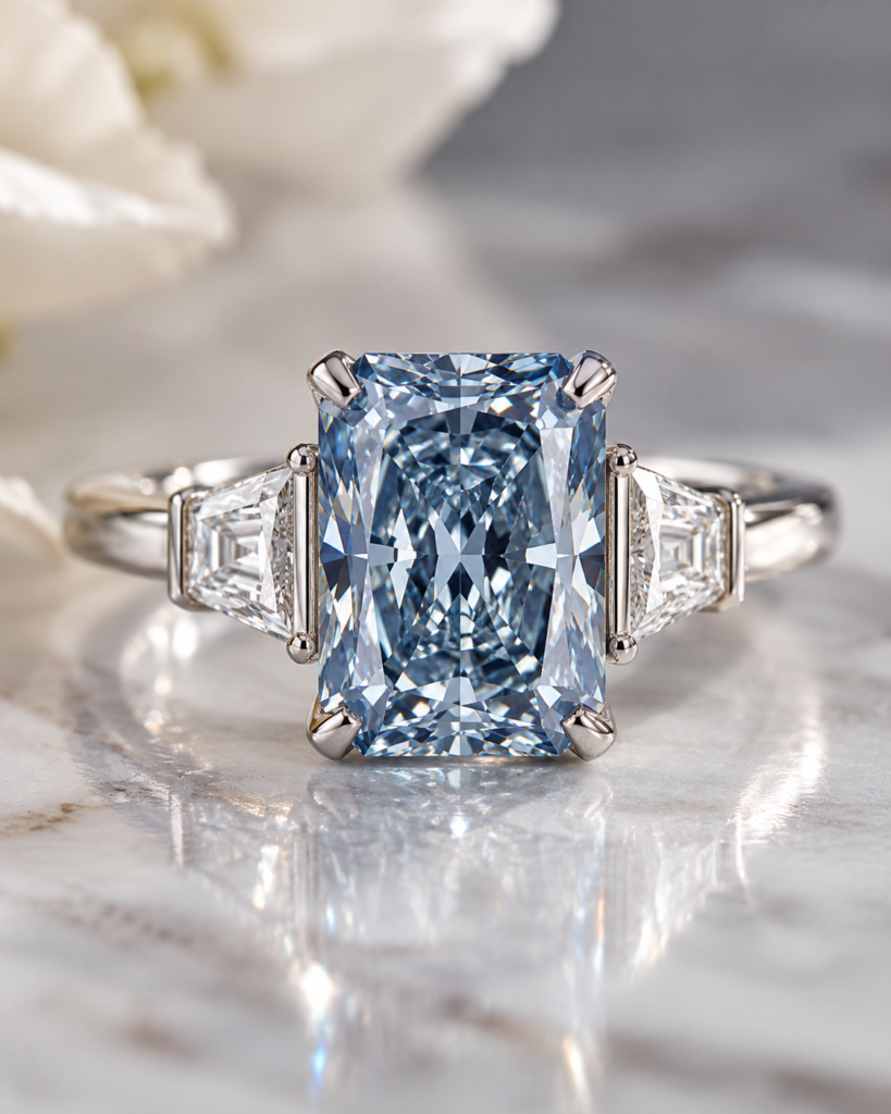 three stone fancy blue diamond ring